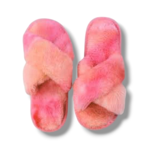 NWT Pink Sherbert Fuzzy Slippers 8 8.5 - Picture 1 of 6